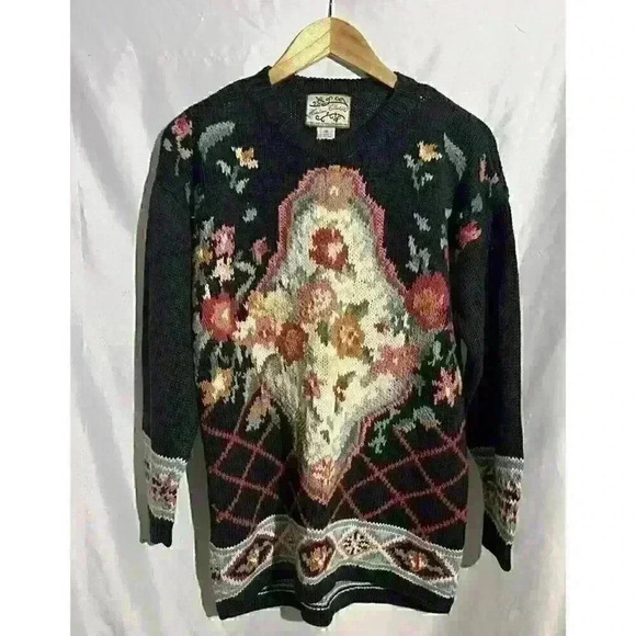 Heirloom Collectibles Sweaters - Heirloom Collectibles Sweater Womens Medium Black Floral Vintage 90s Cotton Knit